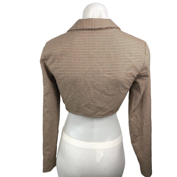 Zara Beige Houndstooth Collared Notch Lapel Long Sleeve Blazer Crop Top Size XS - Picture 2 of 5